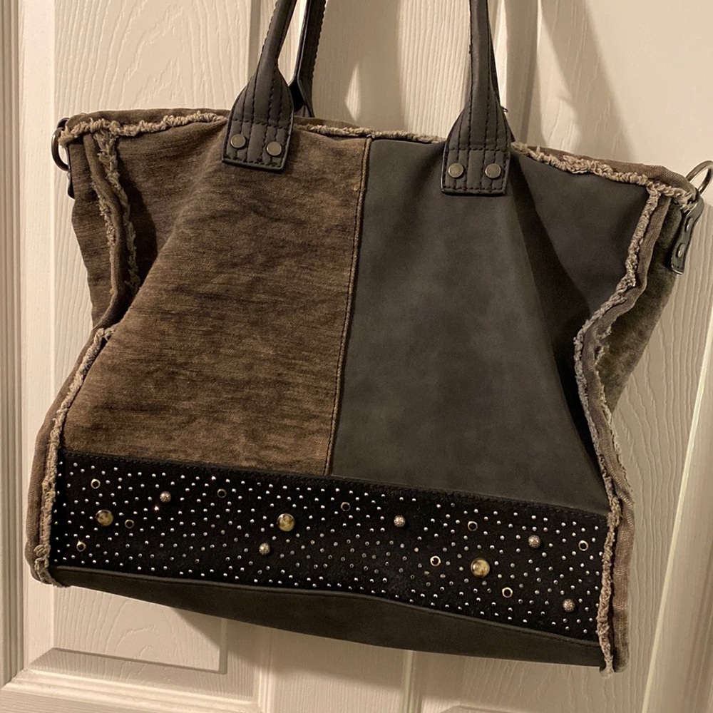 Grey leather and canvas purse